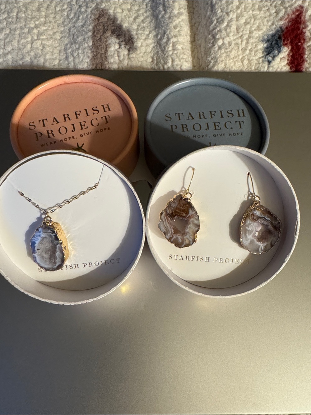 Starfish Project set Gold-Trim Agate Necklace and Earring Set in Brown and White
